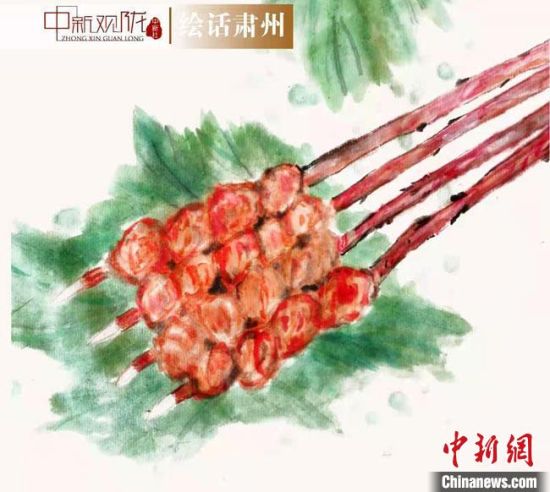 圖為酒泉美食“紅柳烤肉”繪畫作品。　杜興彥 攝