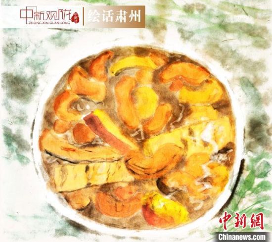 圖為酒泉美食“糊鍋”繪畫作品。　杜興彥 攝
