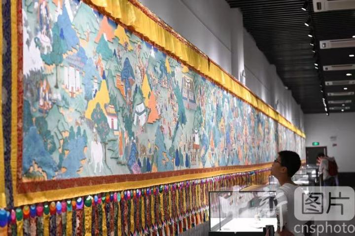 圖為一名小朋友觀看唐卡《涼州會(huì)盟》。 中新社記者 戴文昌 攝